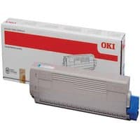 Gray OKI 44844508 black toner cartridge with blue cap, shown with branded white and red packaging box.