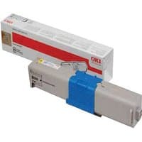 Gray OKI 44973533 yellow toner cartridge with blue accents and packaging box in the background.