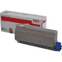 Gray OKI 45396303 cyan toner cartridge with blue cap, next to branded white and red box.