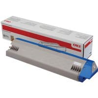 Gray and blue OKI 45536416 black toner cartridge with branded packaging in the background.