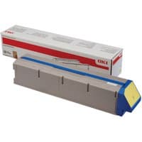 Gray and blue OKI 45536505 yellow toner cartridge with rectangular shape and branded packaging box.