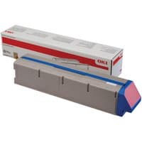 Gray and blue OKI 45536506 magenta toner cartridge with red label, alongside branded white box.