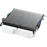 Black and white OKI 46394902 transfer belt with blue side clips and rectangular shape.