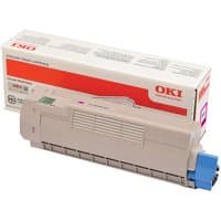 Beige OKI 46507506 magenta toner cartridge with blue cap, next to branded box with red and white design.