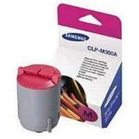 Samsung CLPM300A magenta toner cartridge, gray with pink cap, next to branded packaging with magenta accents.