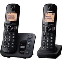 Black Panasonic KX-TGC222EB DECT telephone set with caller ID, two handsets, and illuminated display screens.