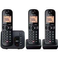 Black Panasonic DECT telephone set with three handsets, LCD screens, and numeric keypads.