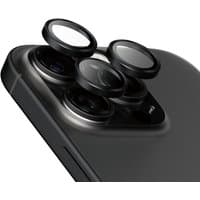 PanzerGlass Hoops Ceramic Camera Lens Protector on iPhone 16 Pro, black frame with circular lens covers.