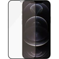 Clear PanzerGlass screen protector for iPhone 12/12 Pro, edge-to-edge coverage, black border, precise cutouts.
