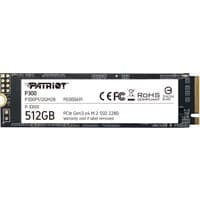 Black Patriot Memory P300 512GB M.2 PCIe SSD with white label and technical specifications printed on top.