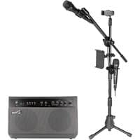 Black RockJam karaoke machine with dual speakers, adjustable mic stand, and smartphone holder.