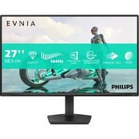Philips 27-inch monitor with slim black bezel, adjustable stand, and vibrant display showing futuristic graphic.