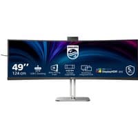 Black Philips 49-inch Dual QHD LCD monitor with curved screen, slim bezels, and central stand.