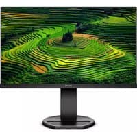 Philips B Line LCD monitor 241B8QJEB/00 with slim black bezel, adjustable stand, displaying terraced fields.