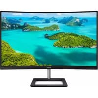 Curved Philips E Line 322E1C/00 monitor, 31.5", black frame, silver stand, displaying vibrant island scenery.