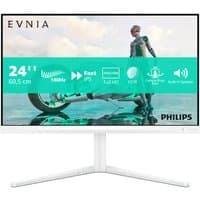 White Philips Evnia 23.8" FHD gaming monitor with thin bezels, 180Hz refresh rate, sleek stand, and vibrant display.