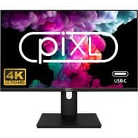 piXL 27" 4K Ultra HD frameless monitor, black stand, vibrant display with USB-C port and colorful screen graphics