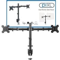 Black piXL dual monitor arm with adjustable joints, desk clamp, and VESA mounts for screens up to 27 inches.