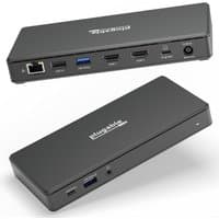 Black Plugable USB C docking station with dual HDMI ports, Ethernet, USB ports, and power input on a sleek rectangular design.