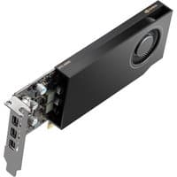Black PNY RTX A1000 NVIDIA graphics card with 8 GB GDDR6, featuring a cooling fan and multiple display ports.