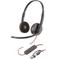 Black Poly Blackwire 3220 stereo USB-C headset with red accents, inline controls, and USB-C/A adapter.