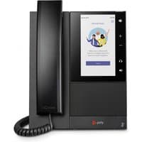 Black Poly CCX 500 business media phone with touchscreen, handset, and Microsoft Teams interface.