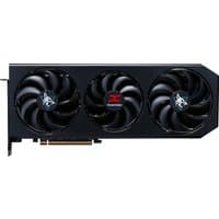 Black PowerColor Hellhound Radeon RX 9070 XT graphics card with three cooling fans and red logo in the center fan.