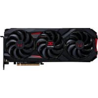 Black PowerColor Red Devil Radeon RX 9070 XT graphics card with three cooling fans and red accents.