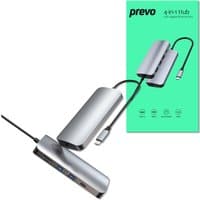 Silver PREVO 501R laptop dock with USB 3.2 Gen 1 Type-C, sleek design, multiple ports, and black cable.