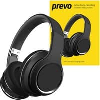 Black PREVO A6 wireless headphones with cushioned ear cups and sleek headband, shown with yellow packaging.