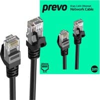 Black PREVO CAT6 Ethernet cable, 2 meters, with clear RJ45 connectors and snagless boots.