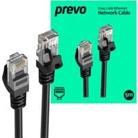 Black PREVO CAT6 5M networking cable with clear RJ45 connectors, shown against a green package background.