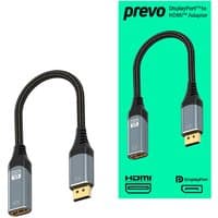 Black PREVO 0.2m video cable adapter with DisplayPort to HDMI Type A, flexible braided design.