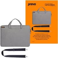 Grey PREVO 15.6" laptop sleeve case with handles, detachable strap, and orange packaging.
