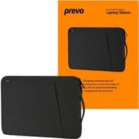 Black PREVO LB007 14" laptop sleeve with a sleek design, diagonal front pocket, and subtle logo on the top corner.