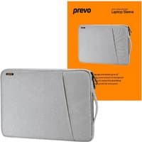 Grey PREVO LB007 14" laptop sleeve with zip closure, subtle diagonal seam, and small logo patch.