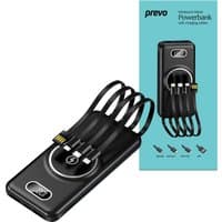 Black PREVO SP5002 power bank with wireless charging, circular charging pad, and multiple attached charging cables.