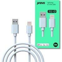 White PREVO 2M USB to Lightning cable with durable connectors, shown with packaging featuring product details.