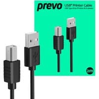 Black PREVO USB 2.0 cable, 2 meters, with USB-A and USB-B connectors, shown on turquoise packaging.