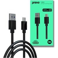 Black PREVO USB 2.0 cable, 2 meters, with USB-A to USB-C connectors, shown with green packaging.