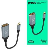Black and silver PREVO USB-C to DisplayPort adapter, 0.2m cable, supports 8K resolution, compact design.