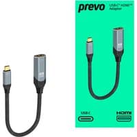 Black and silver PREVO USB-C to HDMI adapter, 0.2m cable, USB Type-C and HDMI Type A connectors.