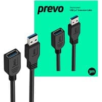 Black PREVO USB 3.0 cable with USB A connectors, blue interior, 3-meter length, shown against a green background.