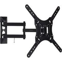 Black ProperAV heavy-duty swing arm TV wall bracket with adjustable tilt for 23"-55" screens, featuring multiple mounting holes.