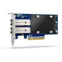QNAP QXG-10G2SF-X710 network card with dual SFP+ ports, black heatsink, and blue circuit board.