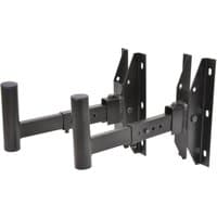 Black QTX adjustable speaker wall brackets with dual arms and multiple mounting holes.