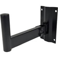 Black QTX adjustable speaker wall mount bracket with cylindrical arm and rectangular base plate with screw holes.