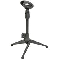 Black adjustable metal tripod microphone stand with clip and three foldable legs.