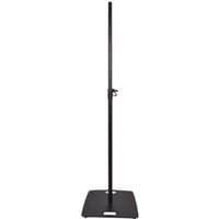Black QTX speaker stand with square base, adjustable height 104-182cm, 35mm pole, and locking mechanism.