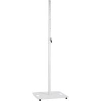 White QTX speaker stand with square base, adjustable height from 104-182cm, and 35mm pole diameter.